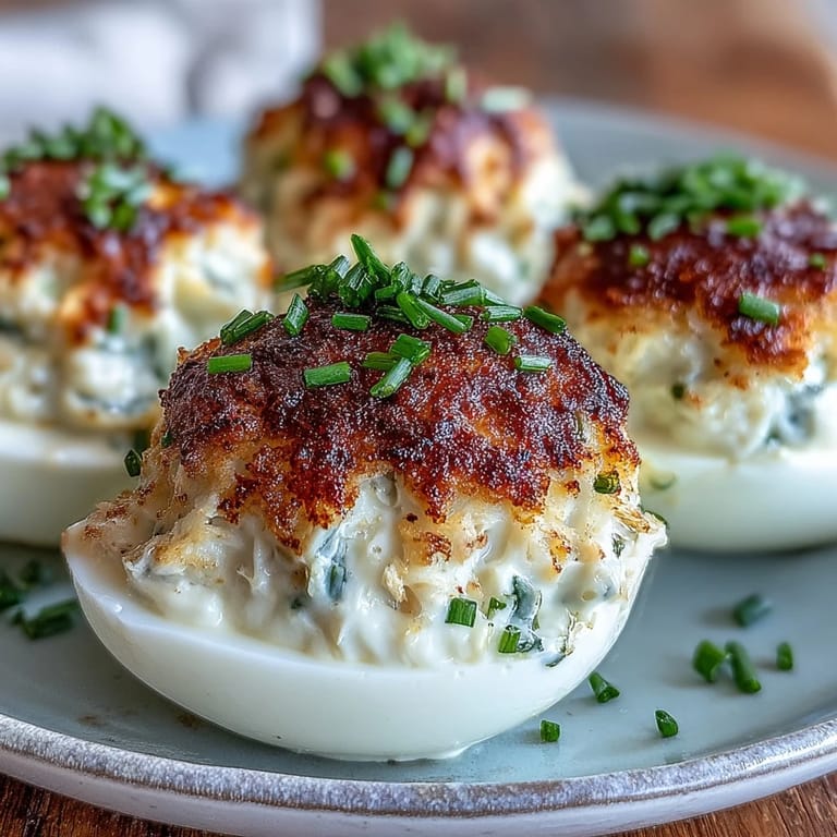 Golden deviled eggs topped with lump crab meat and a dusting of zesty Old Bay.  
