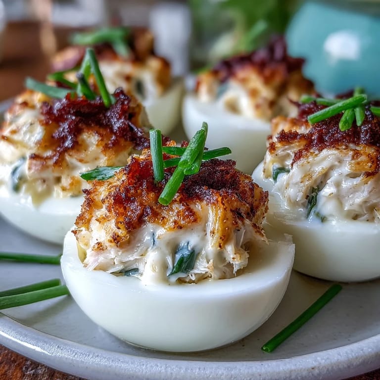 Bite-sized Crab Cake Deviled Eggs garnished with fresh chives and lemon wedges.