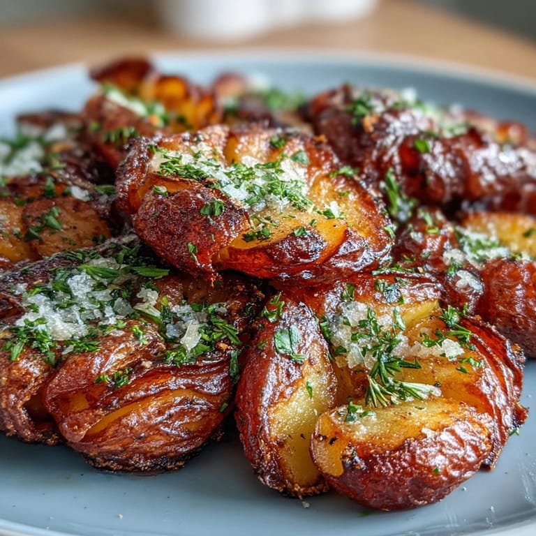 A tray of golden crispy smashed potatoes sprinkled with parsley and flaky sea salt.