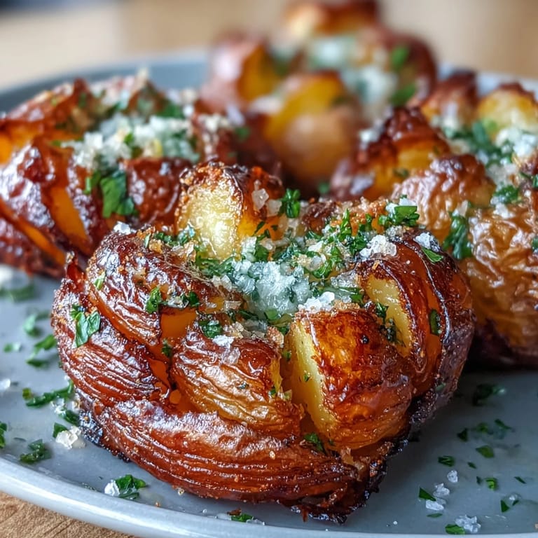 Roasted crispy smashed potatoes with garlic and smoked paprika, served hot with fresh herbs.