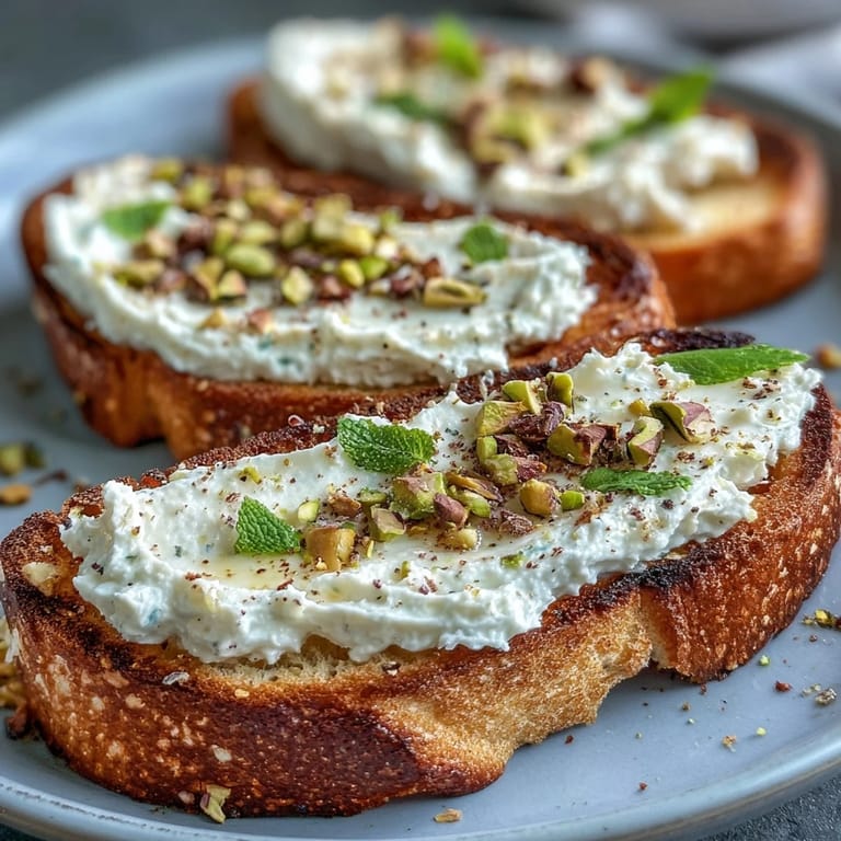 Creamy whipped ricotta spread on golden sourdough toast, drizzled with honey and topped with crunchy pistachios.