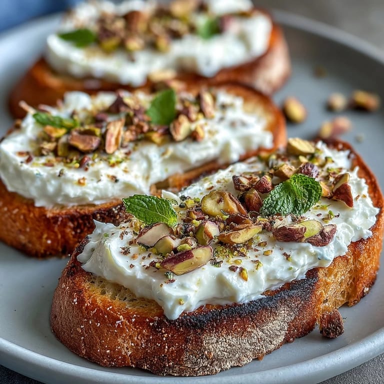 Buttery toasted bread topped with fluffy ricotta, sweet honey, and nutty pistachios for a delightful vegetarian starter.