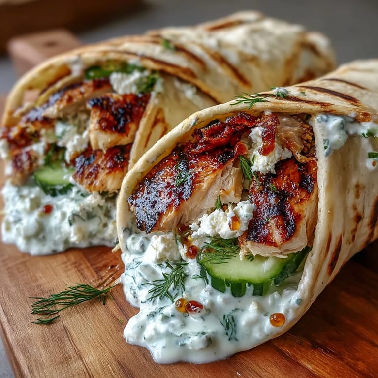 Delicious Tzatziki Chicken Wraps plated beautifully with crumbled feta cheese and fresh vegetables.