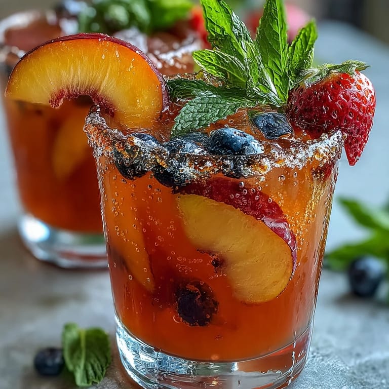 Glistening Summer Sangria Mocktail, brimming with juicy fruits and sparkling water.