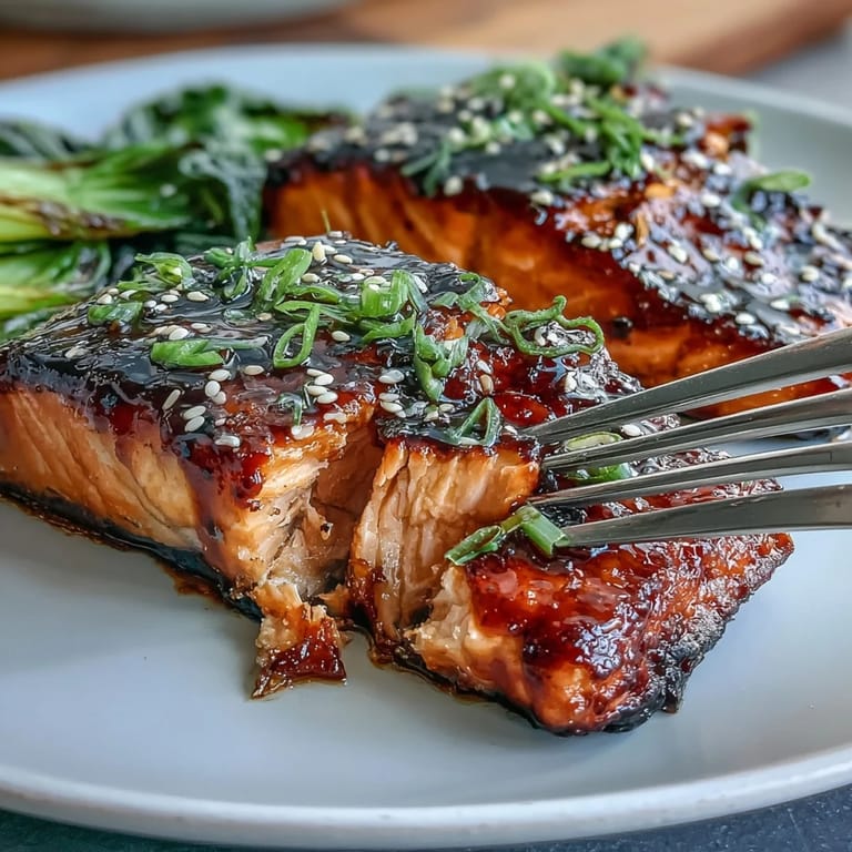 Juicy Miso Glazed Salmon with tender, garlicky Sesame Bok Choy, ready to serve.