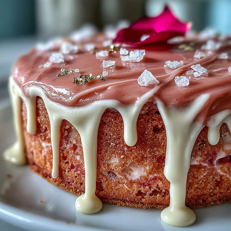 Decadent Rosé Velvet Cake, a golden drip crown, perfect for parties.