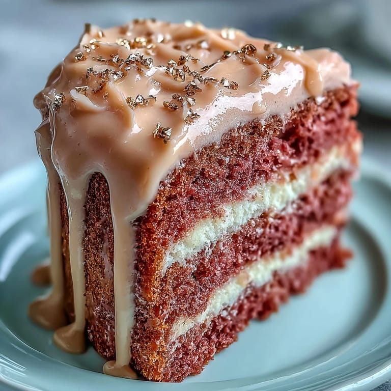 A beautiful pink rosé velvet cake, perfect for celebrations, features a smooth gold drip.
