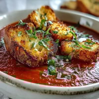 A bowl of Roasted Red Pepper Soup topped with golden, crunchy croutons, steam rising from the vibrant red puree.
