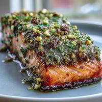 Golden-brown Confit Salmon With Tahini, Pistachio and Herb Crust flaking easily, served warm with fresh lemon wedges.
