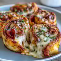 Golden-baked Tortilla Pizza Rolls with melted mozzarella and pepperoni on a plate.