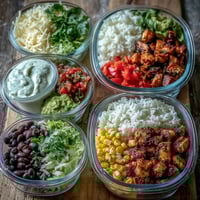 Freshly meal prepped burrito bowls with fluffy rice, seasoned chicken, black beans, and vibrant diced veggies in clear containers.