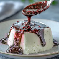 A glossy, vibrant black currant sauce drizzled over creamy cheesecake, bursting with tangy-sweet berry flavor.