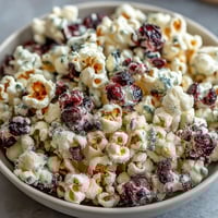 Gourmet black currant cheesecake kettle corn with tangy berry and creamy notes, drizzled with vanilla glaze.  
