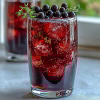 Vibrant black currant shrub with deep purple hue, perfect for refreshing cocktails and sodas.  