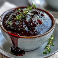 Glossy black currant glaze drizzled over roasted ham, with deep purple hues and a tangy-sweet aroma.