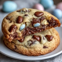 Soft, chewy Cadbury Mini Egg Easter chocolate chip cookies with colorful candy-coated eggs and rich chocolate chips.