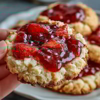Fresh strawberry jam thumbprint cookies with golden edges and ruby-red centers, ready for a sweet treat.