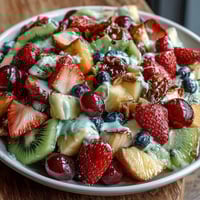 Spring Fruit Table Platter with Dipping Yogurt Sauce: A colorful spread of fresh seasonal fruits arranged on a large platter, served with a creamy honey-yogurt dip for a refreshing appetizer or snack.