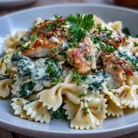Lemon Orzo with Chicken and Spinach in a creamy skillet dish with golden chicken, fresh spinach, and zesty lemon.