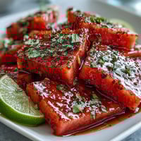 A colorful plate of watermelon slices topped with Tajin seasoning and lime wedges for a zesty, refreshing snack.