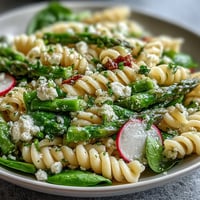 Fresh spring pasta salad with lemon vinaigrette, crisp radishes, and tender asparagus—vibrant and perfect for picnics.
