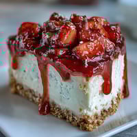 No-bake strawberry cheesecake with a buttery graham cracker crust and fresh strawberry topping.