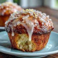 Golden Lemon Poppy Seed Muffins topped with sparkling sugar and drizzled with zesty lemon glaze.