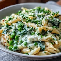 Creamy one-pot lemon ricotta pasta with peas and spinach, garnished with fresh basil and lemon zest.  