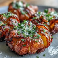Crispy smashed potatoes golden and crunchy with fresh herbs on a rustic baking sheet.