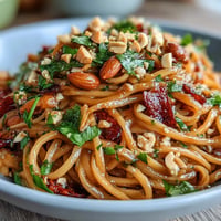 Creamy Thai peanut noodle salad with crisp veggies and fresh cilantro, tossed in a zesty lime-peanut sauce.  